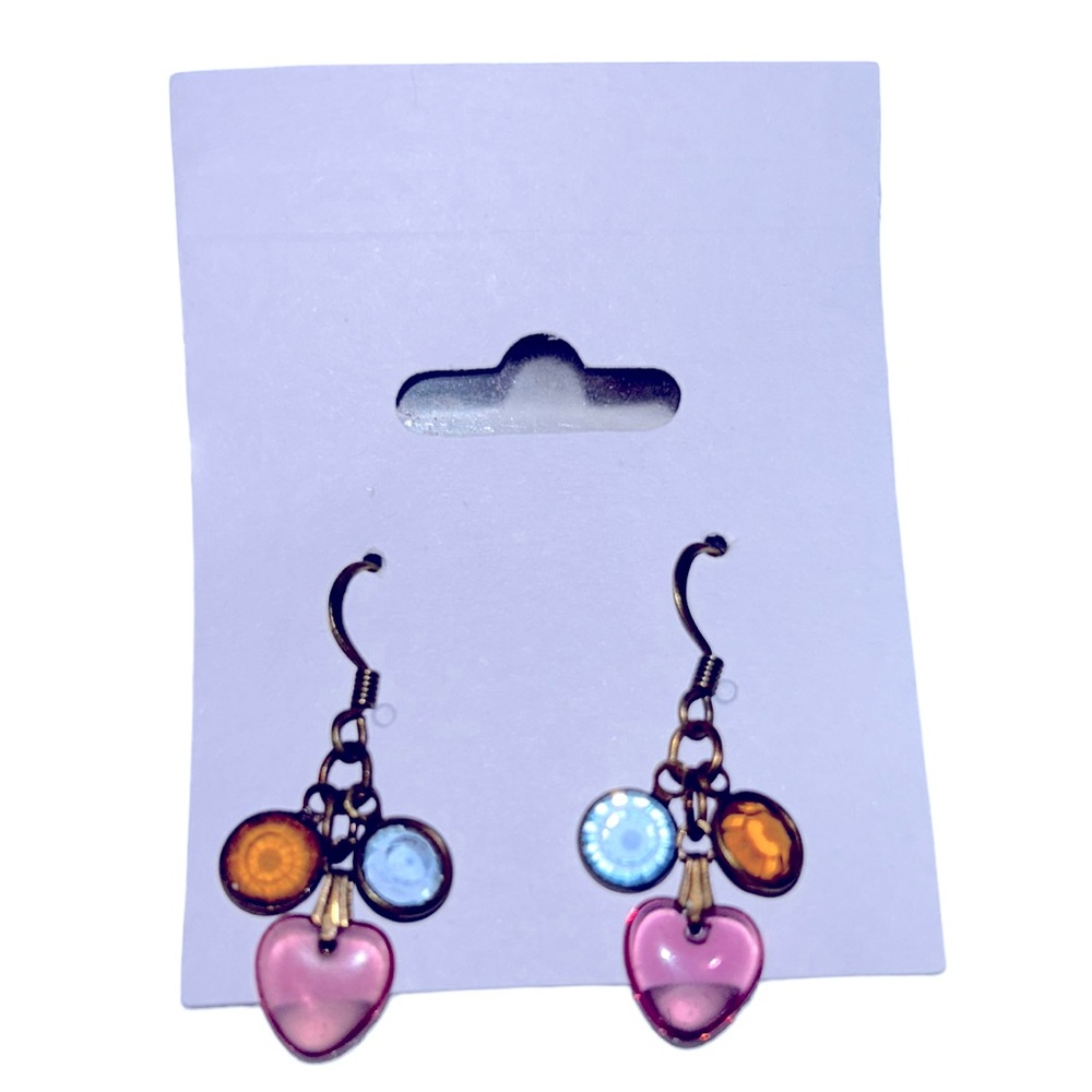 Adorable pair of Hook pierced ears earrings dangle jewels pink heart blue gold
